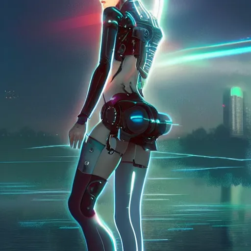 Image similar to emma watson as a beautiful cyborg - angel girl standing on a lake, rainfall, biomechanical details, digital cyberpunk anime art, full body shot, reflections, lens flare, wlop, ilya kuvshinov, artgerm, krenz cushart, greg rutkowski