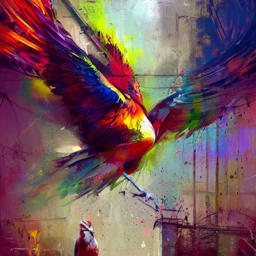 Image similar to A beautiful street art of a large, colorful bird with a long, sweeping tail. The bird is surrounded by swirling lines and geometric shapes in a variety of colors by Jeremy Mann playful, doom