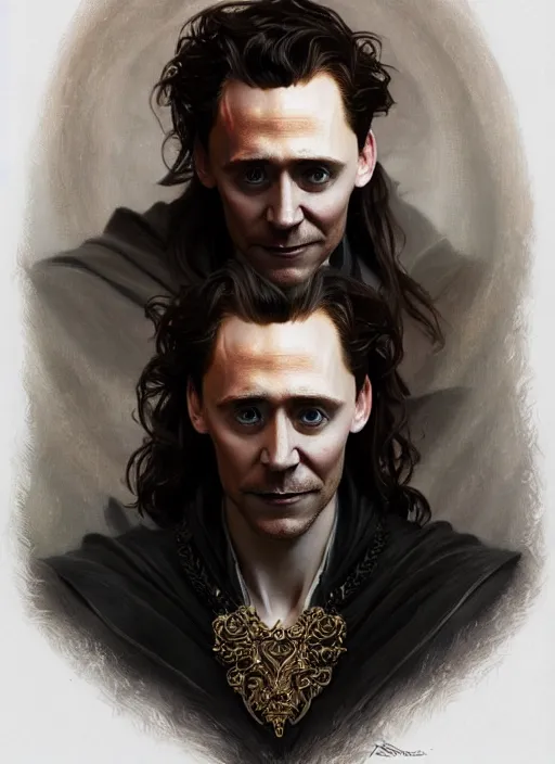 Prompt: portrait of tom hiddleston as a vampire lord, jewelry, intricate, headshot, highly detailed, digital painting, artstation, concept art, sharp focus, cinematic lighting, illustration, art by artgerm and greg rutkowski, alphonse mucha, cgsociety