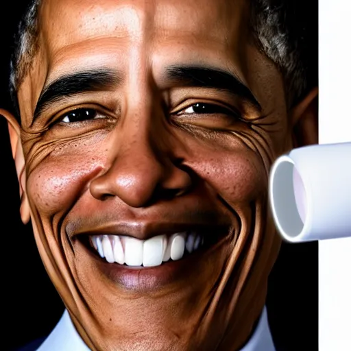 Image similar to Smiling Obama with white glowing flashlight eyes, white clean fire behind Obama, 40nm lens, shallow depth of field, split lighting, 4k, 40nm lens, shallow depth of field, split lighting, 4k,