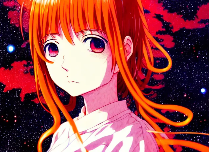 Image similar to anime portrait of a young girl floating inside a nebula, outlined,masakazu katsura, tsuruta kenji, murata range,kawaii, kyoto animation, manga, intricate, detailed, studio lighting, orange red black white, gradation,editorial illustration, matte print, Ilya Kuvshinov