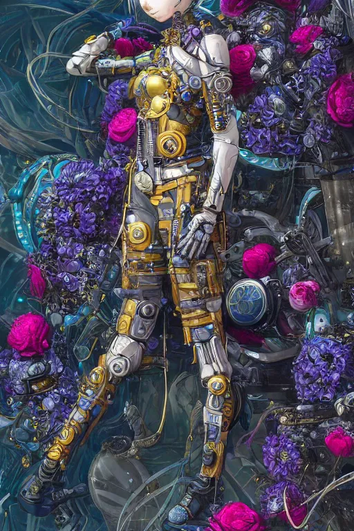 Image similar to full body head to toe portrait of a flowerpunk sci-fi cyborg ninja, third person, D&D, sci-fi fantasy, intricate, blue and gold, daisy and rose and peony, highly detailed, art by Range Murata, highly detailed, 3d, octane render, bright colors, digital painting, trending on artstation, sharp focus, illustration style of Stanley Artgerm, dramatic background