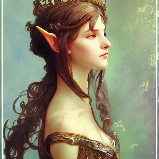 Prompt: detailing character concept portrait painting of cute elvish queen girl, high fantasy, elegant, art station, pixiv, trending, editor’s pickup, by Alphonse Mucha