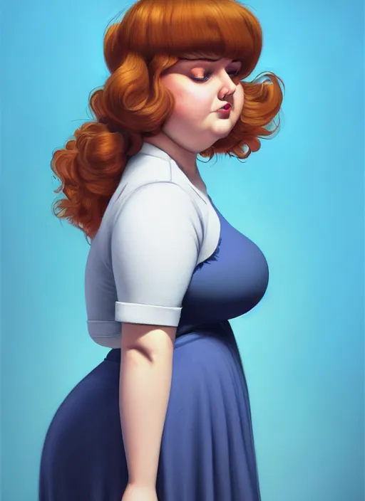 Image similar to full body portrait of teenage betty cooper, obese, bangs, sultry, realistic, sultry smirk, ponytail hairstyle, fluffy bangs, curly bangs, sky blue skirt, fat, belly, intricate, elegant, highly detailed, digital painting, artstation, concept art, smooth, sharp focus, illustration, art by wlop, mars ravelo and greg rutkowski