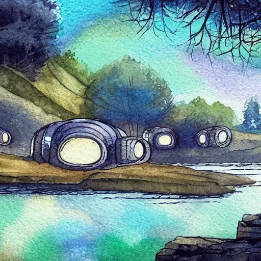 Prompt: beautiful happy picturesque charming organic sci - fi pod homes in a beautiful natural scene. water, trees and rocks. beautiful light. grainy and rough. soft colour scheme. beautiful artistic detailed watercolor by lurid. ( 2 0 2 2 )