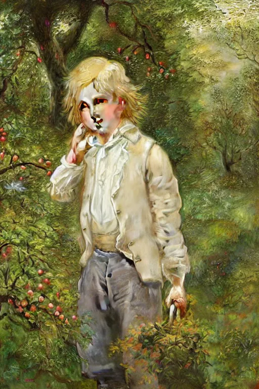 Prompt: wide - shot, 1 2 years old very cute boy with shoulders - length wavy blond yellowish hair, wearing clothes of 1 8 th century, in the wild garden with apple trees, moss and vines, highly detailed, digital art, oil painting, masterpiece, by artgerm, by greg rutkowski, by mucha, by kinkade