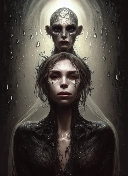 Image similar to a full body perspective of a creepy preistess of moody elemental darkness, crooked nose, wet, fantasy, shiny, intricate, elegant, highly detailed, ultra definition, digital painting, artstation, vray, concept art, smooth, high speed photography, illustration, art by artgerm and greg rutkowski and alphonse mucha and james jean