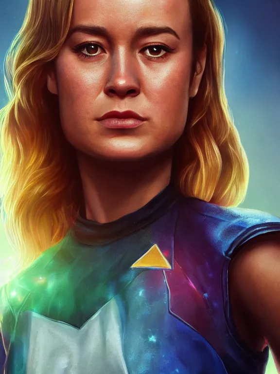 Image similar to portrait art of Brie Larson, 8k ultra realistic , lens flare, atmosphere, glow, detailed,intricate, full of colour, cinematic lighting, trending on artstation, 4k, hyperrealistic, focused, extreme details, unreal engine 5, cinematic, masterpiece