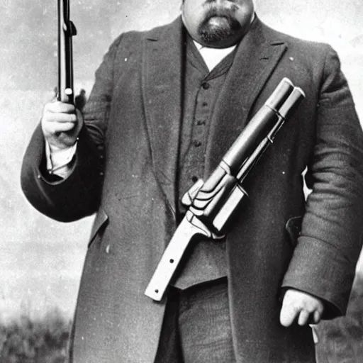 Image similar to gk chesterton with big muscles and a shotgun