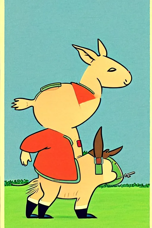 Image similar to by richard scarry. happy donkey. a 1 9 5 0 s retro illustration. studio ghibli. muted colors, detailed