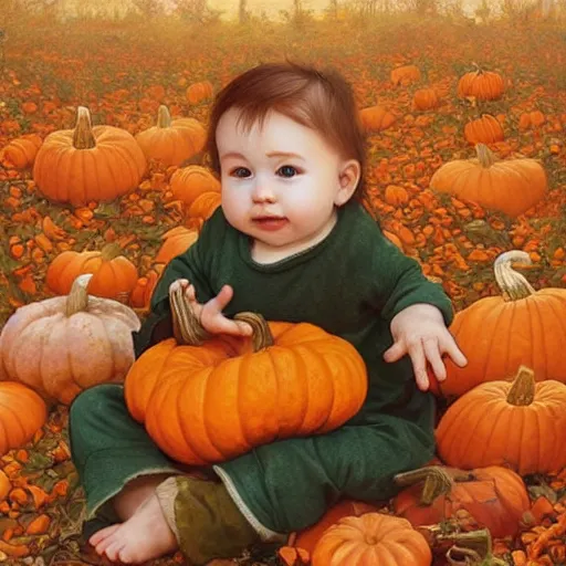 Prompt: a cute nine month old baby sitting amidst piles of pumpkins. beautiful cute highly detailed face. autumn and fall and halloween themed painting by artgerm and anne geddes and alphonse mucha.