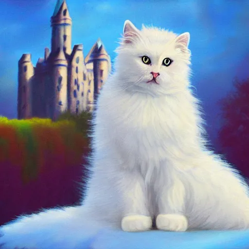 Prompt: portrait of a beautiful fluffy white princess cat in the style of mark brooks with a castle in the background