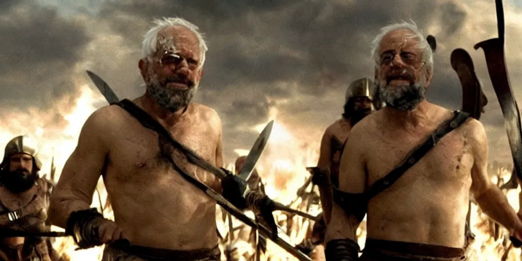 Image similar to Bernie Sanders dressed as Leonidas in screenshot from 300 movie, with Leonidas beard, leading Spartans into battle, in screenshot from the 300 movie