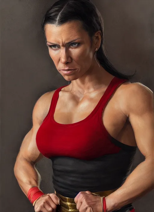 Image similar to a portrait a woman in her 2 0 s, muscular, wearing red tanktop vest with gold lining, white bandages on fists, black hair, short - medium length hair, serious, style by donato giancola, wayne reynolds, jeff easley dramatic light, high detail, cinematic lighting, artstation, dungeons and dragons