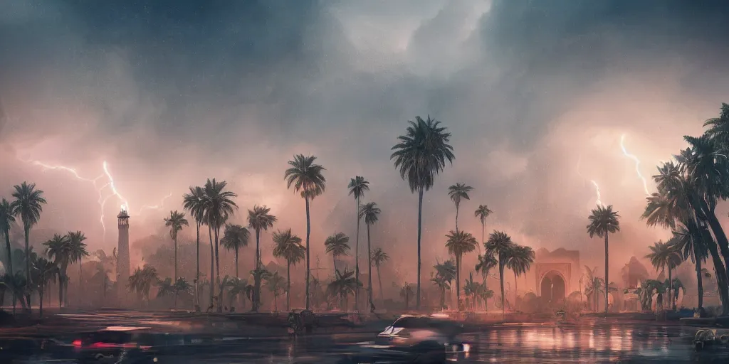 Image similar to thunderstorm in marrakech, palm trees, lightning, tsunami, flying vehicles, moroccan mosque, wlop, james jean, tom bagshaw, rococo, trending on artstation, fantasy, intricate, elegant, highly detailed, digital painting, concept art, smooth, illustration, cinematic lighting, hyper realism, octane render, 8 k, hyper detailed.