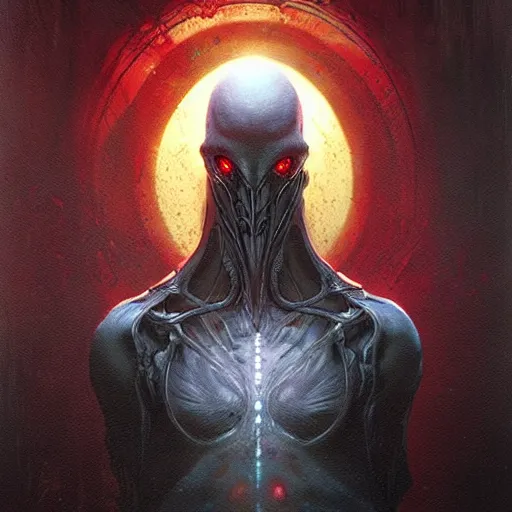 Prompt: an acrylic on canvas painting of an alien warlock by Greg Rutkowski, Artgerm and Beksinski. Epic fantasy art.