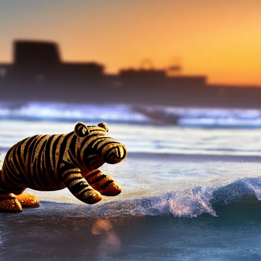 Image similar to a closeup photorealistic photograph of a cute smiling knitted tiger hippopotamus chasing a beachball at sunset. surf in the background. professional capture. this 4 k hd image is trending on artstation, featured on behance, well - rendered, extra crisp, features intricate detail, epic composition and the style of unreal engine.