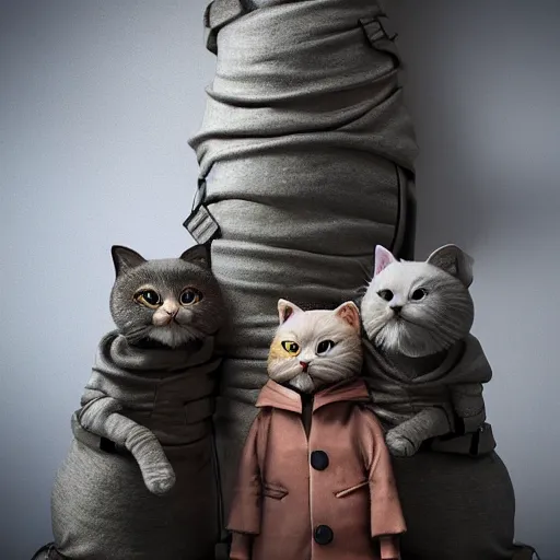Image similar to three cats inside a trench coat disguised as one trying to sneak into a venue, artstation, ultra detailed, highly defined, octane render