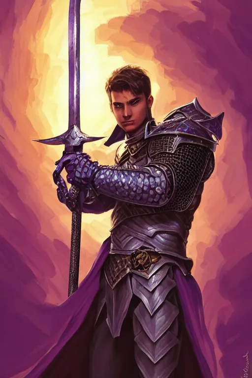 Prompt: comic book drawing of a handsome knight holding magical sword, purple energy, highly detailed, d & d, fantasy, highly detailed, digital painting, trending on artstation, concept art, sharp focus, illustration, global illumination, ray tracing, realistic shaded, art by artgerm and greg rutkowski and fuji choko and viktoria gavrilenko and hoang lap