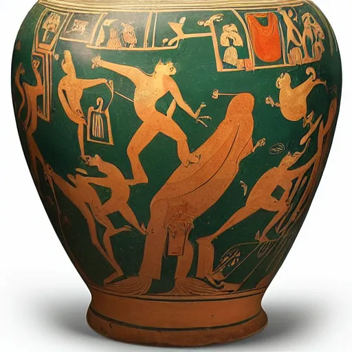 Image similar to medium-shot studio photo of an ancient greek vase with frogs and ornaments, British museum,