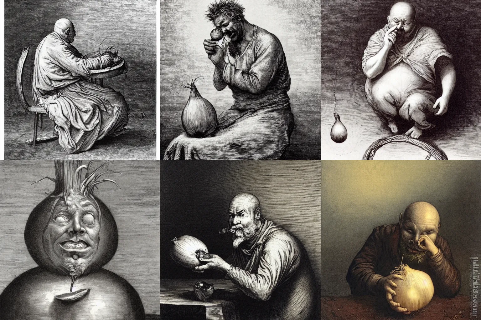 Prompt: the onion man eating an onion by Gustave Dore, oil painting on canvas, smug onion head