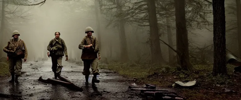 Prompt: a movie still of wwii american soldiers walking into a deserted camp full of decomposing bodies in the middle of an eerie creepy dark forest, heavy rain, horror, highly detailed, dusk lighting, cooke lens 2 2 mm deep focus, horror, promotional photograph, smooth, sharp focus, golden ratio, dramatic illumination, ultra realistic, 4 k, shot by christopher nolan