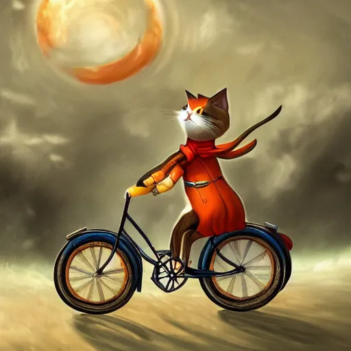 Image similar to fantasy book cover artwork of a cat riding a bicycle, ultradetailed, wallpaper, 4k, prismatic