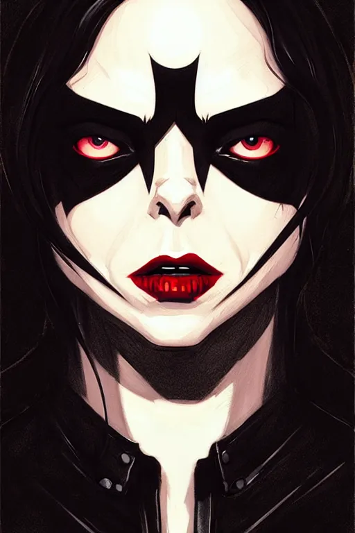 Image similar to rafael albuquerque comic art, peter mohrbacher, phil noto, steve niles, artgerm, pretty willa holland vampire sharp vampire teeth open mouth, symmetrical eyes, black leather jacket, jeans, long black hair