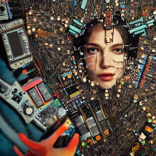 Prompt: give me a higher love, piles of modular synth cables, puerto rican goddess swimming up wearing a headpiece made of circuit boards, by cameron gray, wlop, stanley kubrick, masamune, hideki anno, jamie hewlett, unique perspective, trending on artstation, 3 d render, vivid