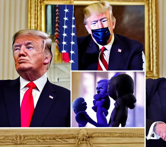 Prompt: photo of joe biden and donald trump kissing intimately as the puppetmaster pushes their heads together, hyperrealism
