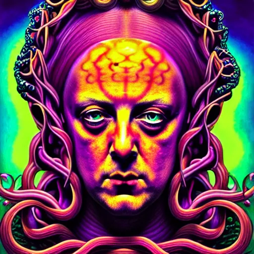 Image similar to an extremely psychedelic portrait of aleister crowley as medusa, surreal, lsd, face, detailed, intricate, elegant, lithe, highly detailed, digital painting, artstation, concept art, smooth, sharp focus, illustration