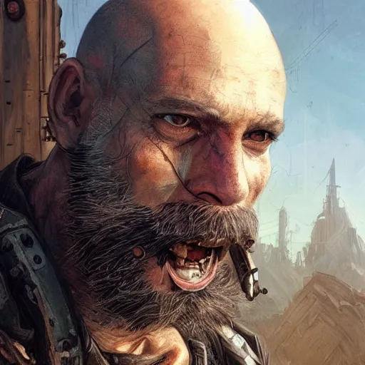 Prompt: portrait painting of a post apocalyptic man, bald, black beard, handsome, ultra realistic, concept art, intricate details, eerie, highly detailed, fallout, wasteland, photorealistic, octane render, 8 k, unreal engine 5. art by artgerm and greg rutkowski and alphonse mucha