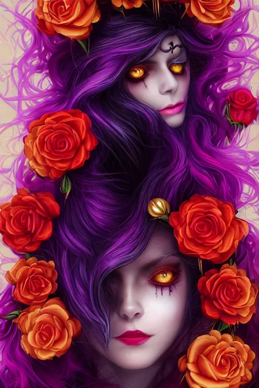 Image similar to portrait of a vampire , fantasy, gradient violet red cyan, dreamy and ethereal, orange eyes, black sclera, golden ratio, peaceful expression, ornate frilly dress, fantasy, intricate, elegant, rainbow spikes, red roses, highly detailed, digital painting, artstation, concept art, smooth,b sharp focus, illustration, art by artgerm and greg rutkowski and alphonse mucha