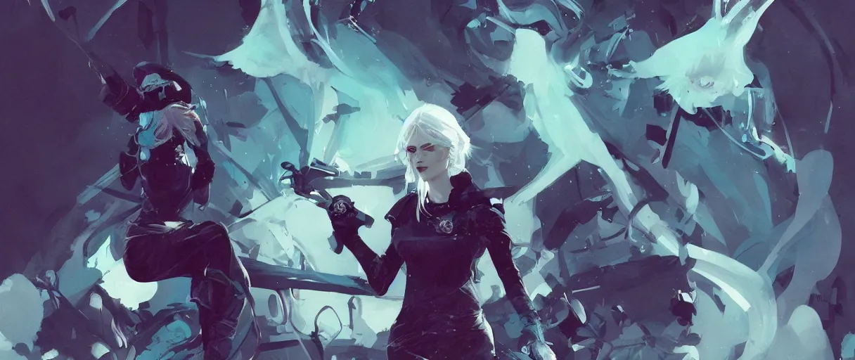 Prompt: a duochrome black and teal background comic noir illustration painting of ciri of cintra with white hair by sachin teng and sergey kolesov and ruan jia and heng z. graffiti art, scifi, fantasy, hyper detailed. octane render. concept art. trending on artstation