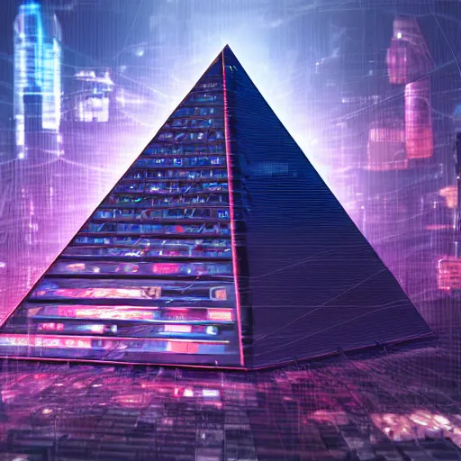 Image similar to a hyper realistic picture of a cyberpunk pyramid with multiple lights coming out of it