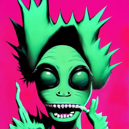 Image similar to a pink punk rock rapper alien with black spiked hair, an airbrush painting by Jamie Hewlett, cgsociety, symbolism, antichrist, aesthetic, 8k