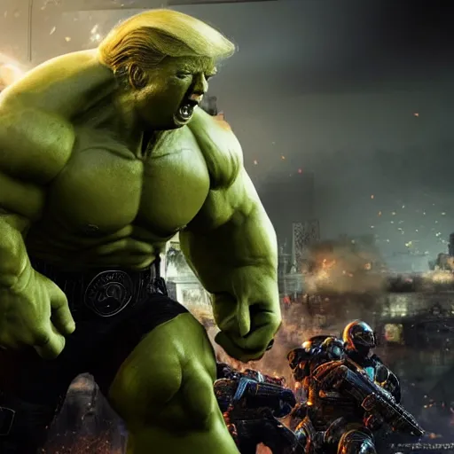 Image similar to ' donald trump as the hulk in gears of war, splash art, movie still, detailed face, maga, cinematic lighting, dramatic, octane render, long lens, shallow depth of field, bokeh, anamorphic lens flare, 8 k, hyper detailed, 3 5 mm film grain