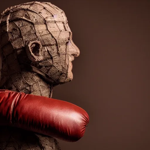 Image similar to a beautiful sculpture of a man made with old textile and boxing gloves, epic lighting, cinematic composition, hyperrealistic, 8 k