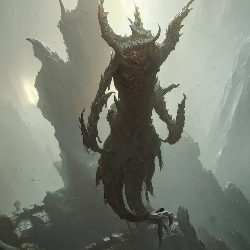 Prompt: a chasm fiend, greg rutkowski, 8 k, shallow depth of field, intricate detail, concept art,