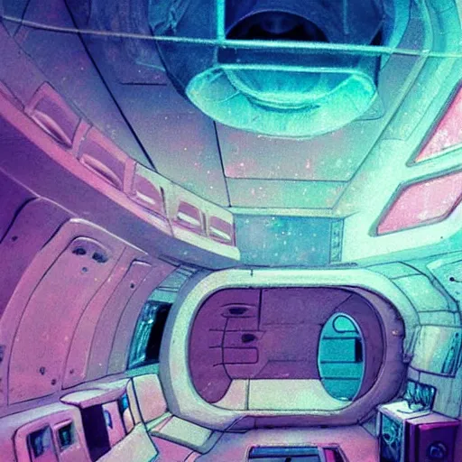 Image similar to faster than light travel, interior of this cute pastel fluffly spaceship, cluttered panels intricate electronics painterly impression of this glowing impasto trending on pixiv scene, interesting glowing fuzzy unclear where am i inside spaceship interior