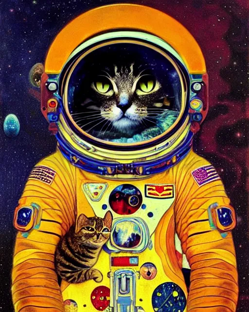 Image similar to space cosmonaut cat portrait an oil painting splashes with many colors and shapes by gustav klimt greg rutkowski and alphonse mucha, polycount, generative art, psychedelic, fractalism, glitch art