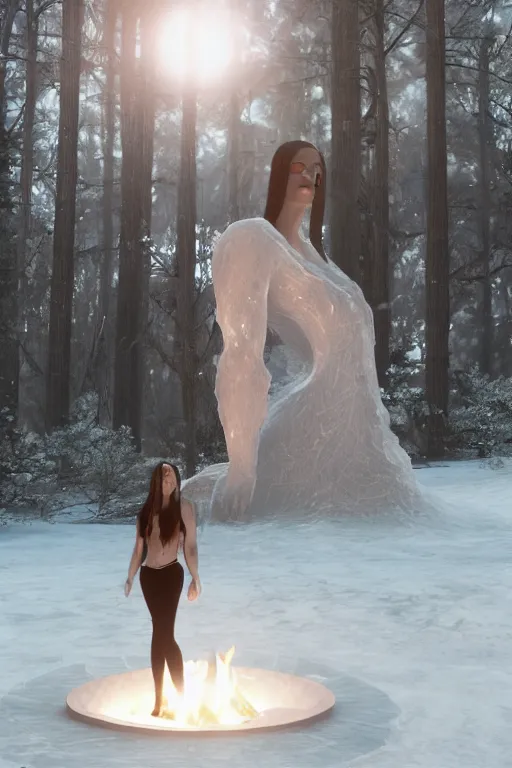 Prompt: a beautiful woman made out of crystal ice sitting by a campfire and slowly melting, by iris van herpen, unreal engine 5, volumetric lighting, path tracing, outdoor campfire pit