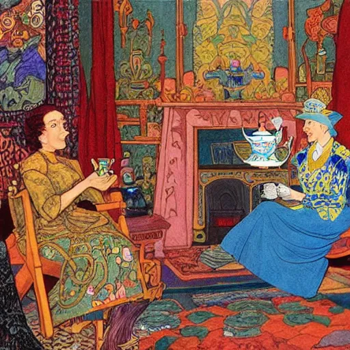 Image similar to detailed Ivan Bilibin and Edmund Dulac and James Jean inspired painting of mech robots having tea with the queen of England in 1953.