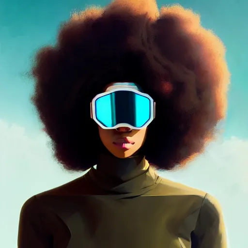 Image similar to beautiful woman wearing opaque reflective goggles profile picture by greg rutkowski, brown skin, long afro hair, asymmetrical, futuristic, cool colors, streetwear, studio ghibli, organic painting, matte painting, geometric shapes, hard edges, street art, trending on the artstation, fantasy lut, realistic by sachin teng,