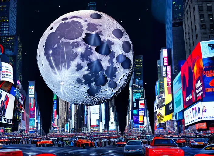 Image similar to film still of the moon shattering into pieces over time square in the new disaster movie, 8 k, night time