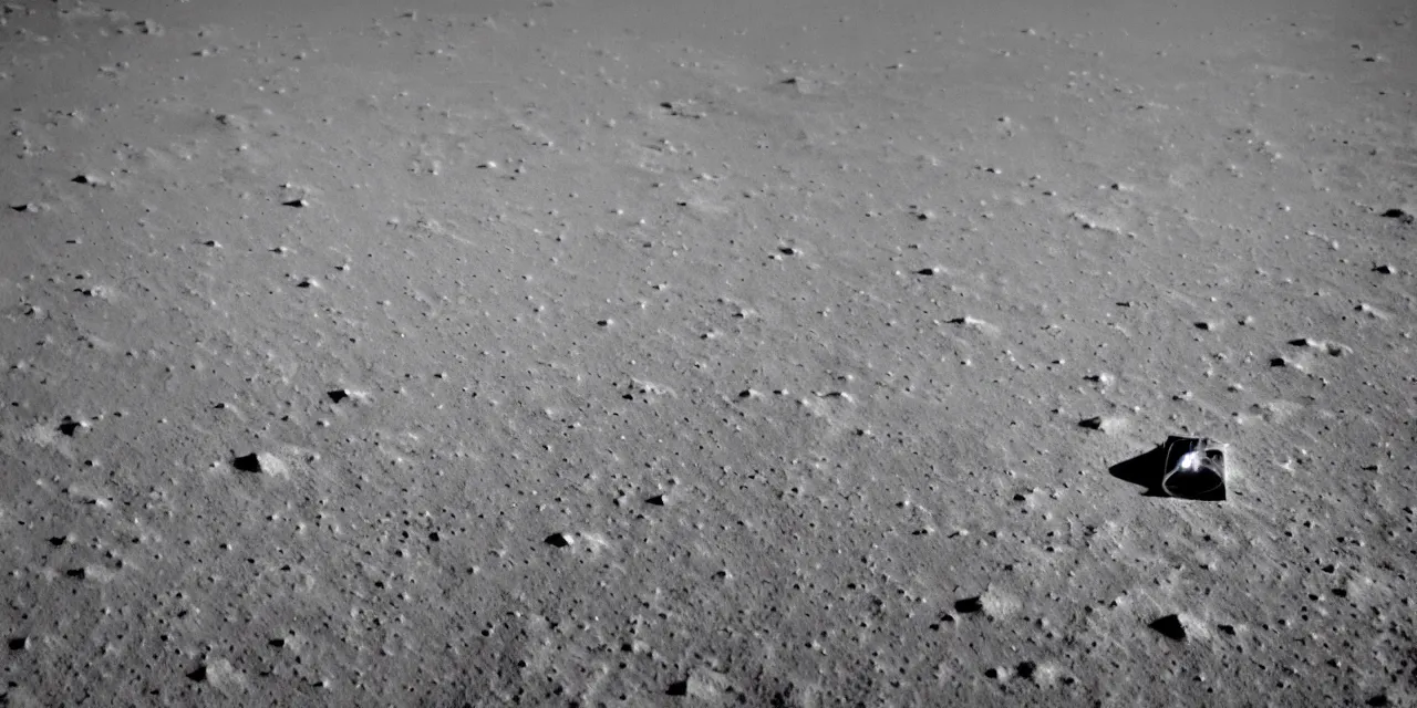 Image similar to ultrawide angle view from the surface of the moon, cinematic film still, film grain, looking up at tall white space, glowing landing lights on spaceship, stars and space in the background, fog and dust, full frame photography