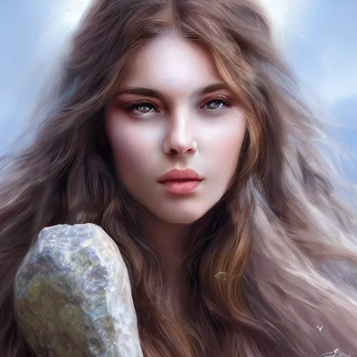 Prompt: A portrait of an attractive young female earth angel, beautiful long brown hair, rocks and stones, intricate, highly detailed, elegant, digital painting, trending on artstation