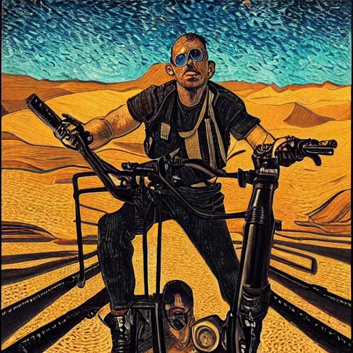 Prompt: portrait of mad max, mash - up between mc escher and vincent van gogh