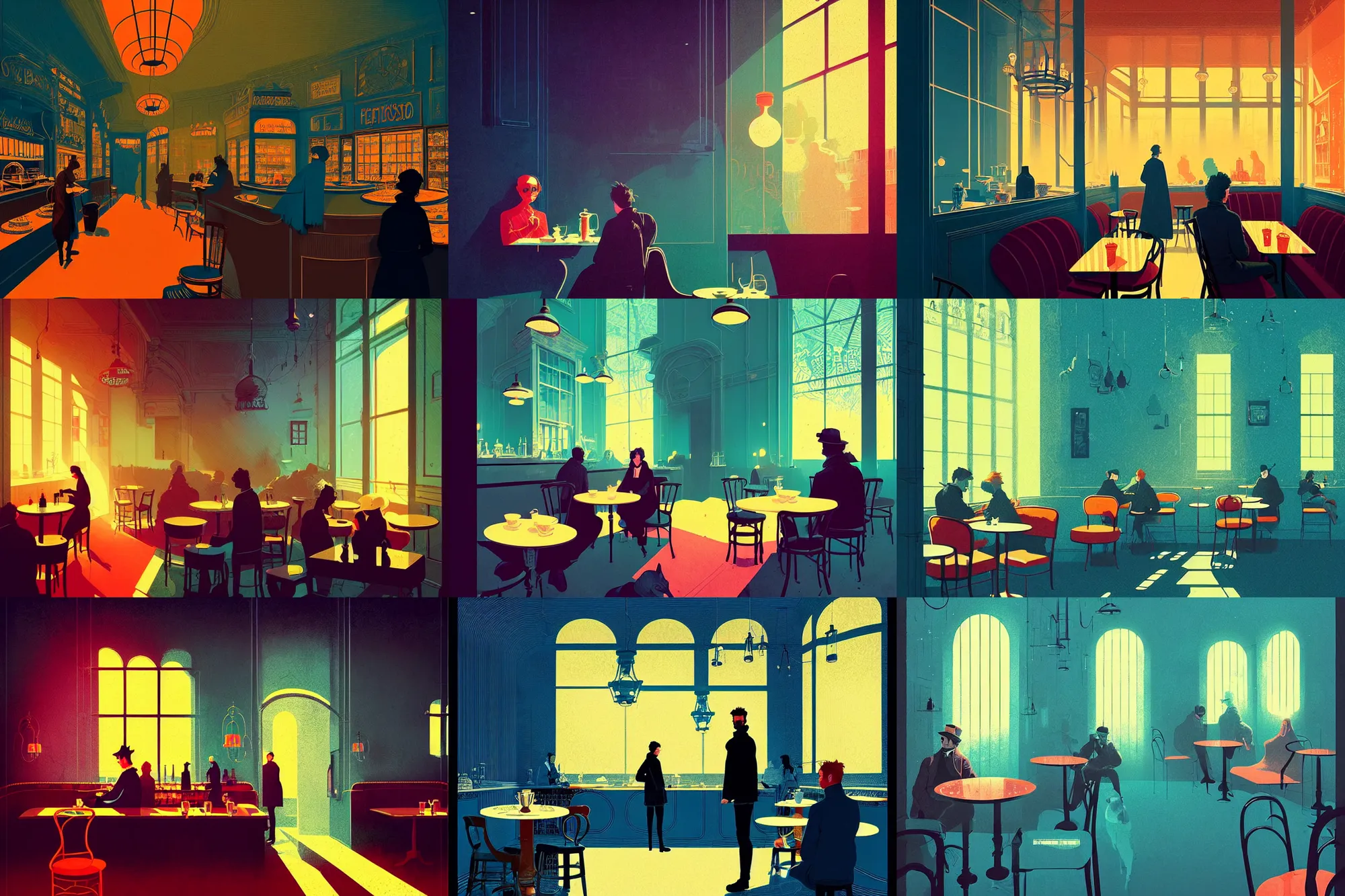 Prompt: illustrated portrait of a victorian cafe interior, colorful, ( ( mads berg ) ), christopher balaskas, ( ( victo ngai ) ), rich grainy texture, detailed, dynamic composition, misty, wide angle, blue filter, ( ( stippled shadow ) )