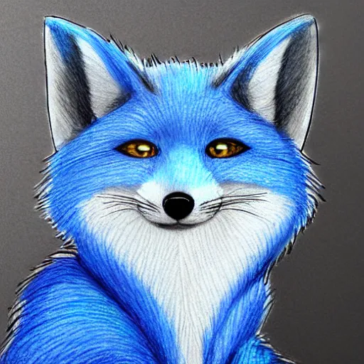 Image similar to high quality colored pencil sketch portrait of an anthro furry fursona blue fox, handsome eyes, sketch doodles surrounding it, photo of notebook sketch